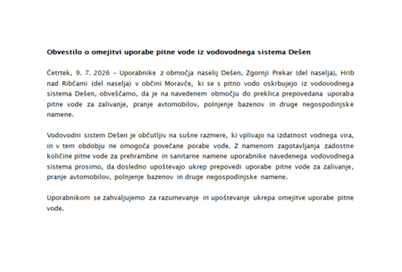 Obvestilo o omejitvi pitne vode - Dešen